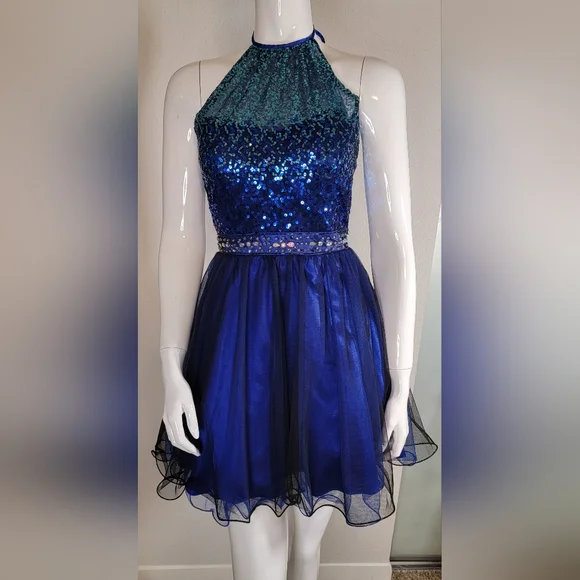 Blue Ombre Sequin Halter Dress w/ Beaded Waistband Prom Formal - Picture 1 of 13